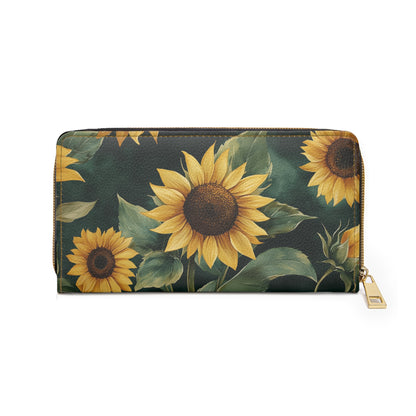 Sunflower Leather Wallet Women, Floral Flowers Vegan Zipper Zip Around Coins Credit Cards Pocket Cash Ladies Female Pouch Slim Clutch Purse