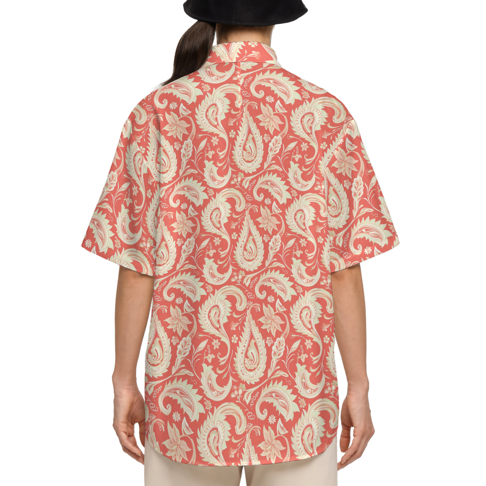 Coral Paisley Women Button Up Shirt, Orange Short Sleeve Print Casual Buttoned Down Summer Ladies Collared Designer Dress Blouse