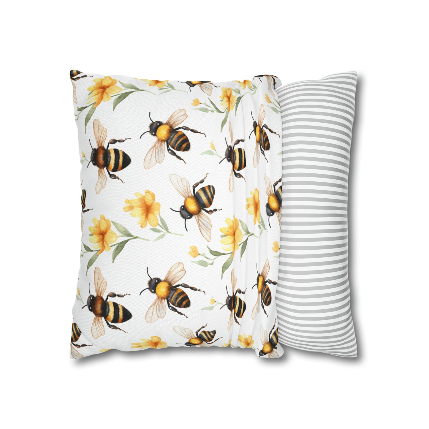 Bees Flowers Pillow Case, Yellow Floral Spring Square Throw Decorative Cover Room Decor Couch Cushion 20 x 20 Zipper Sofa