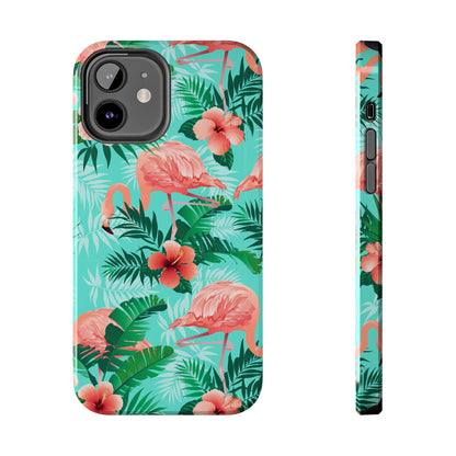 Pink Flamingo iPhone 15 14 13 12 11 Pro Max Tough Case, Green Tropical Monstera Print Cute Gift XS XR X 7 Plus 8 Cell Phone Galaxy