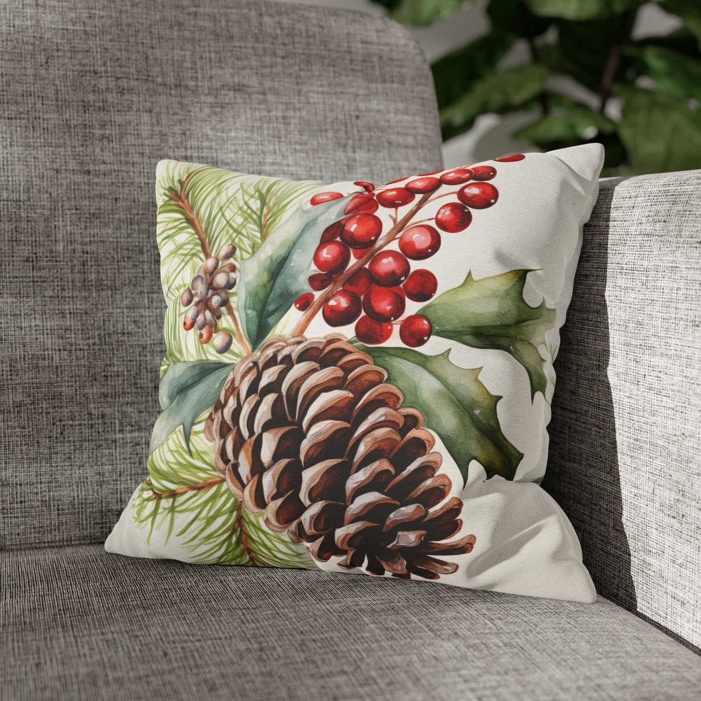 Holiday Pine Cone Pillow Cover, Red Berries Botanical Christmas Xmas Watercolor Square Throw Decorative Cover Cushion 20 x 20 Zipper Sofa