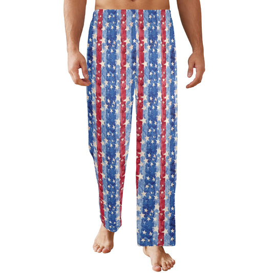 Red White Blue Striped Men Pajamas Pants, American USA Stripes Satin PJ Pockets Sleep Trousers Sleepwear Guys Male Long Lounge Bottoms