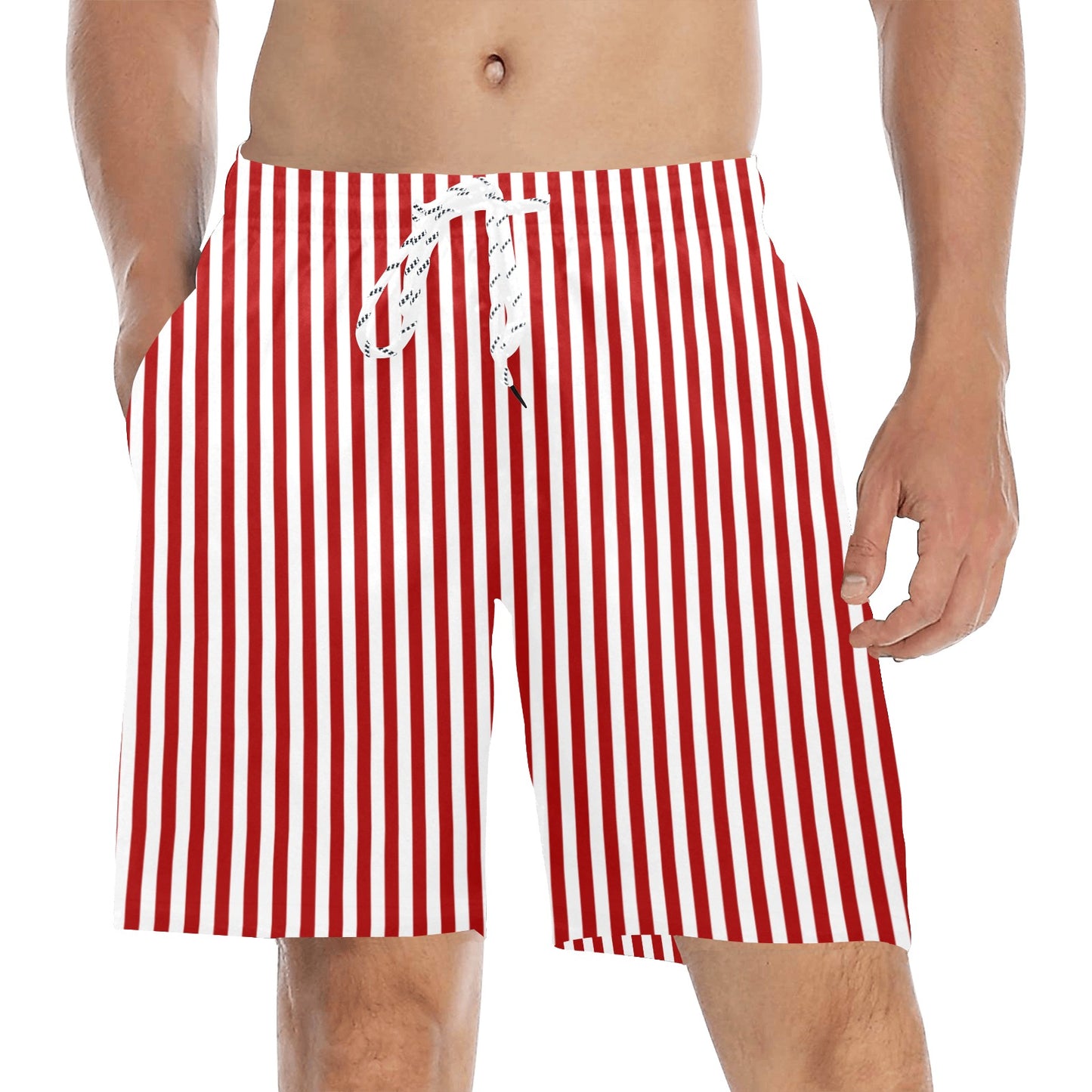 Red White Striped Men Swim Trunks, Mid Length Shorts Beach Pockets Mesh Lining Drawstring Boys Casual Bathing Suit Plus Size Swimwear