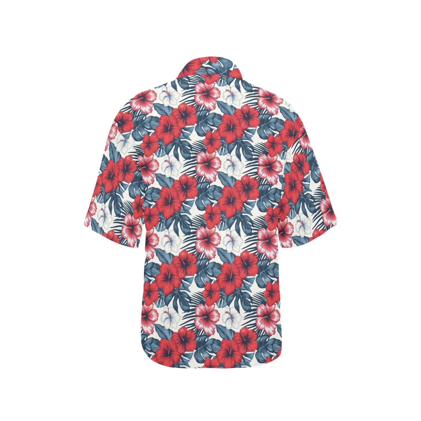 Red White Blue Hibiscus Floral Women Hawaiian shirt, Flowers Tropical Print Vintage Retro Hawaii Aloha Cool Button Up Down Ladies Blouse