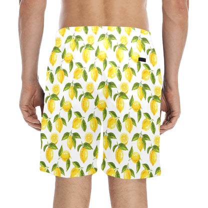 Lemon Men Swim Trunks, Yellow White Summer Fruit Mid Length Shorts Beach Pockets Mesh Lining Drawstring Bathing Suit Plus Size Swimwear