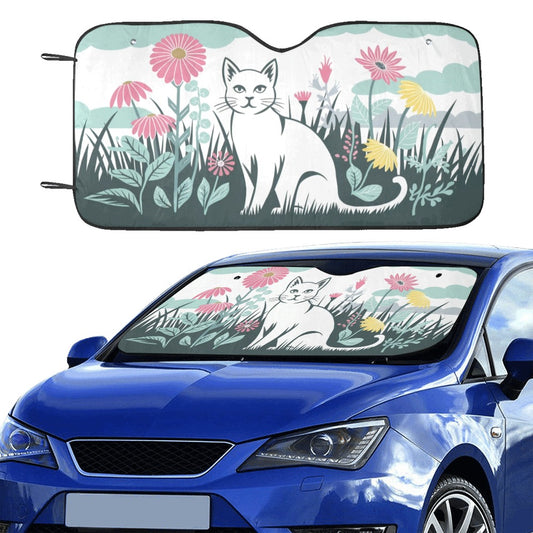 White Cat Sunshade, Floral Car Windshield Sun Shade Kitten Shield Blocker Reflector Auto Cover Protector Window Visor Screen Universal Size