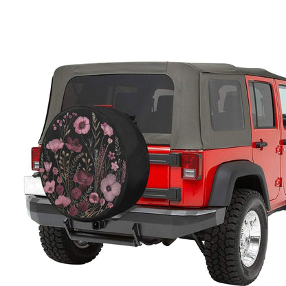 Pink Purple Flowers Spare Tire Cover, Faux Embroidery Printed Floral Wheel Auto Car Unique Design Backup Camera Hole Trailer Back Women RV