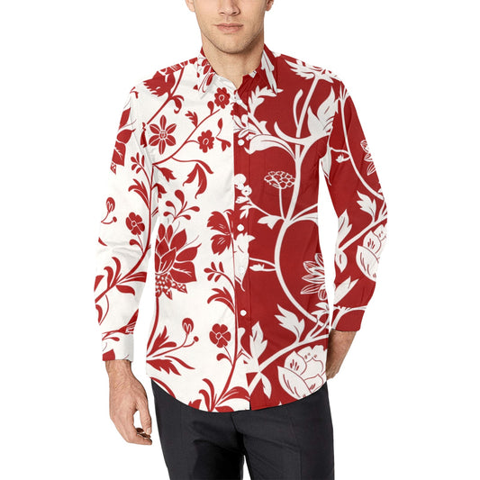 Red and White Floral Long Sleeve Men Button Up Shirt, Half Two Tone Print Guys Designer Casual Buttoned Collar Dress Shirt with Chest Pocket