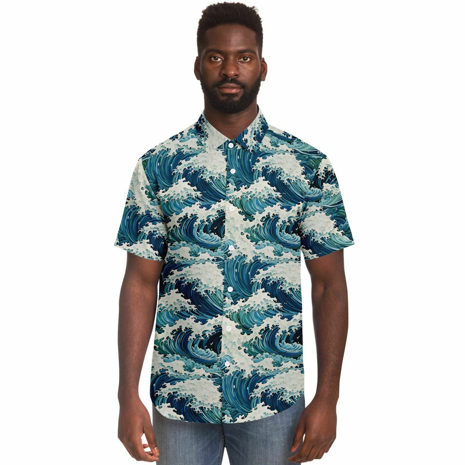 Great Wave Short Sleeve Men Button Up Shirt, Japanese Ocean Sea