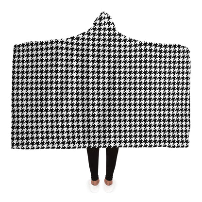 Houndstooth Hooded Blanket, Black White Sherpa Fleece Soft Fluffy Cozy Warm Adult Men Women Kids Large Wearable with Hood Gift