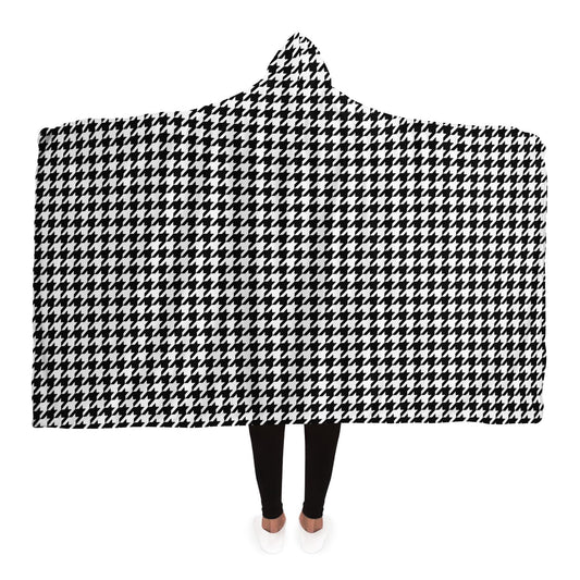 Houndstooth Hooded Blanket, Black White Sherpa Fleece Soft Fluffy Cozy Warm Adult Men Women Kids Large Wearable with Hood Gift