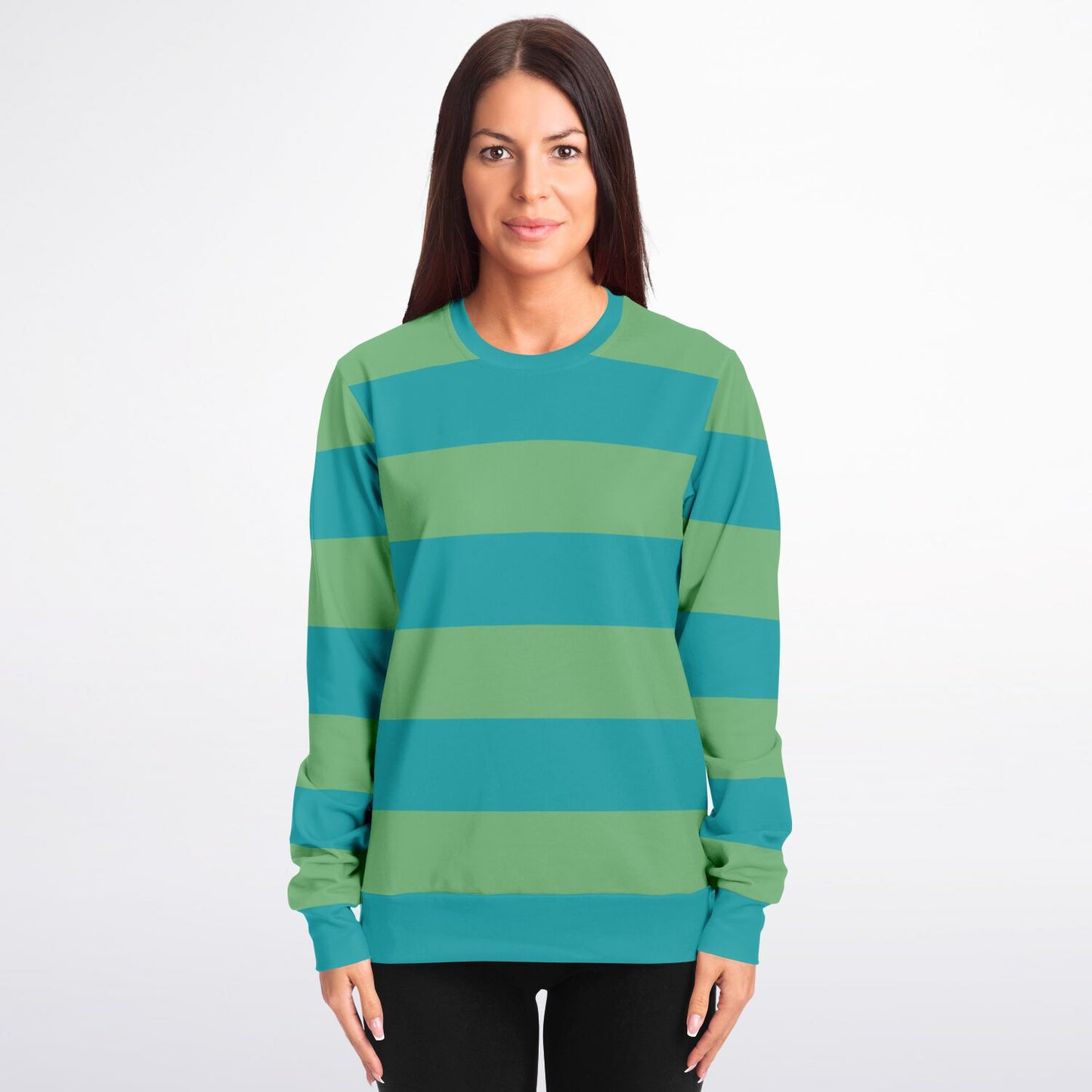 Light Blue Green Striped Sweatshirt, Teal Bold Horizontal Retro Vintage Crewneck Fleece Cotton Sweater Jumper Pullover Men Women Adult Top