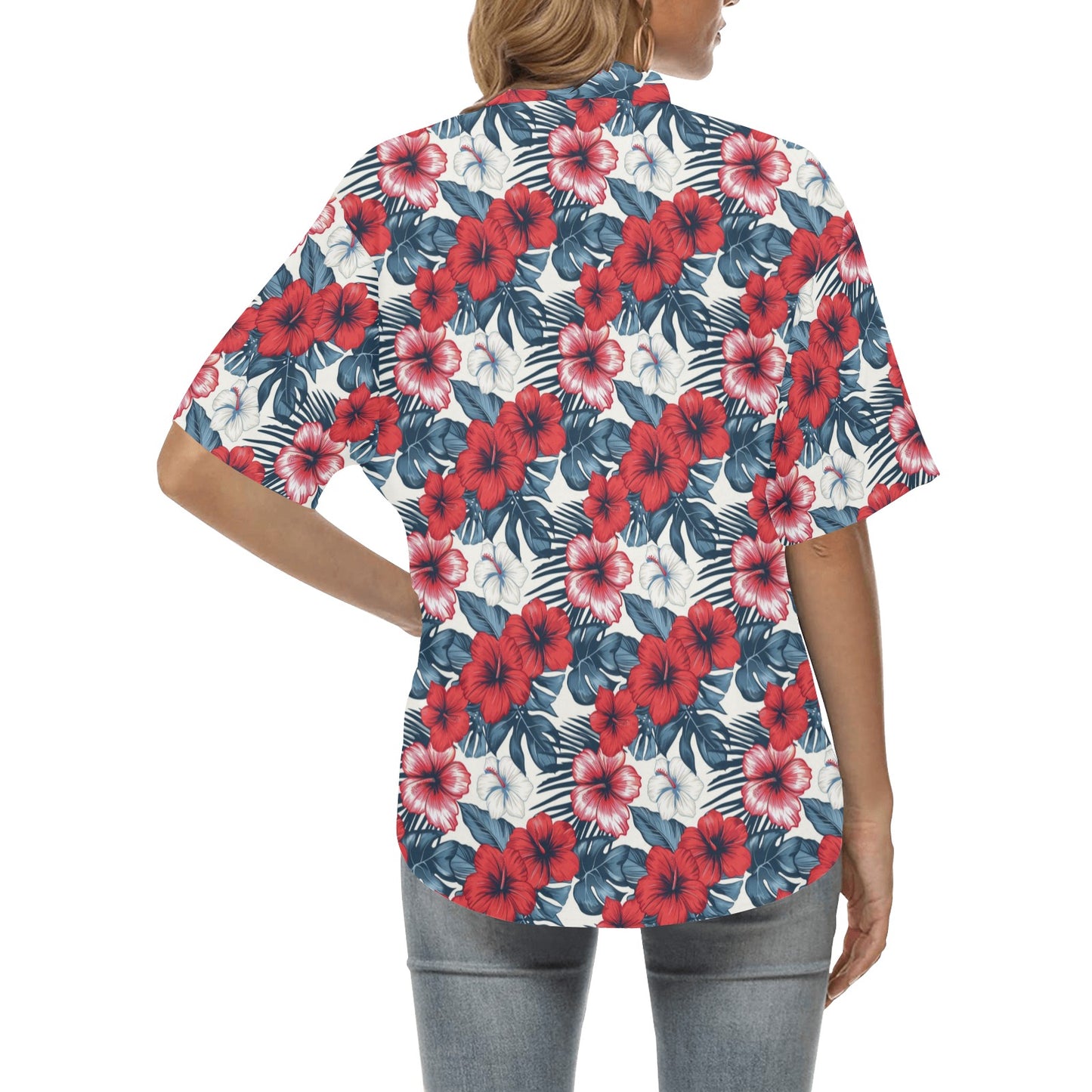 Red White Blue Hibiscus Floral Women Hawaiian shirt, Flowers Tropical Print Vintage Retro Hawaii Aloha Cool Button Up Down Ladies Blouse