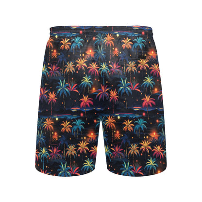 Festive Men Swim Trunks, Firework Christmas 7" Inseam Shorts Beach Pockets Mesh Lining Drawstring Casual Bathing Suit Plus Size Swimwear