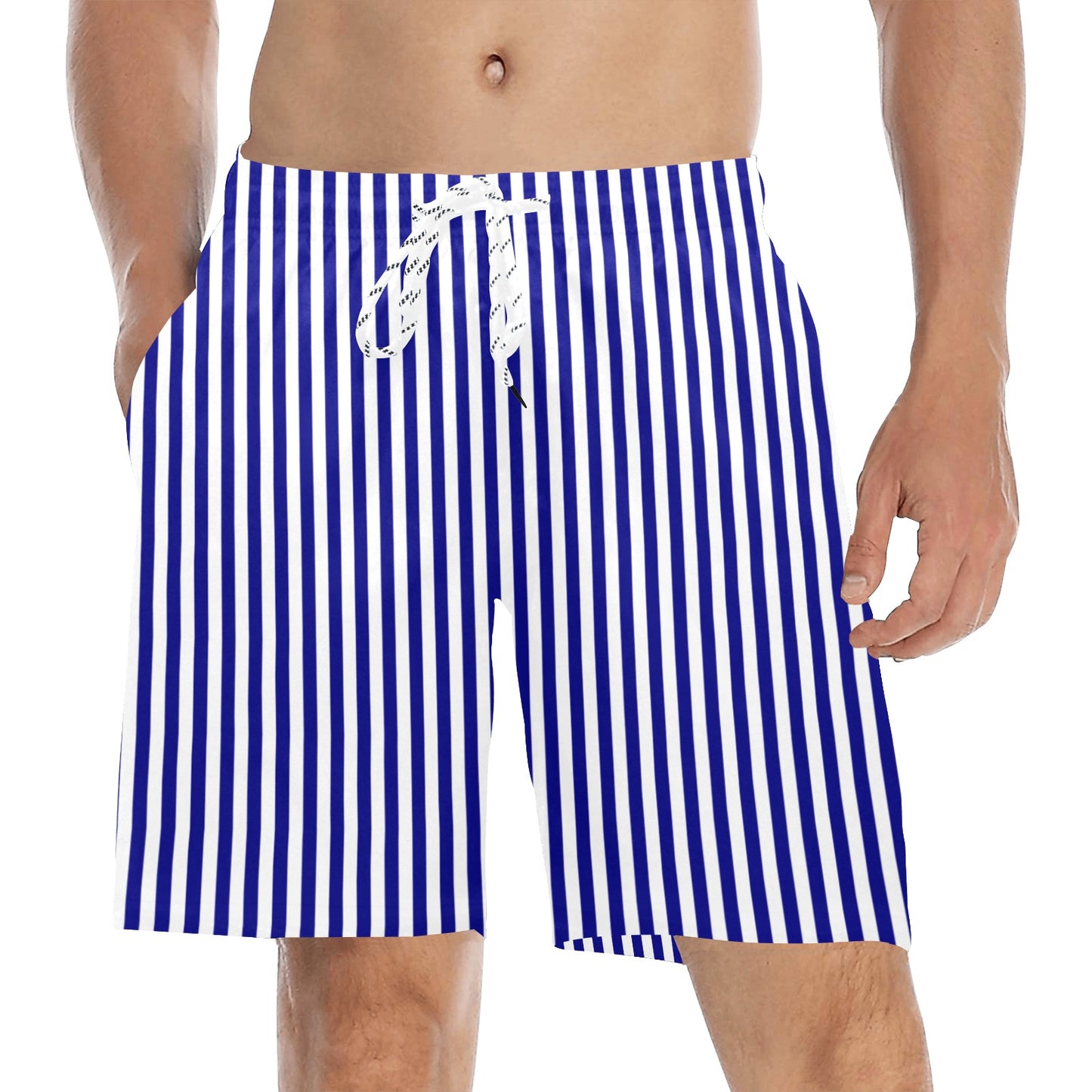 Navy Blue White Striped Men Swim Trunks, Mid Length Shorts Beach Pockets Mesh Lining Drawstring Boys Casual Bathing Suit Plus Size Swimwear