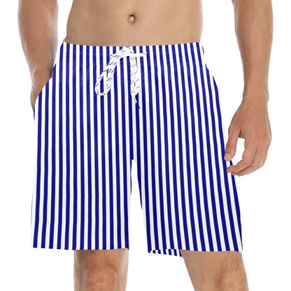 Navy Blue White Striped Men Swim Trunks, Mid Length Shorts Beach Pockets Mesh Lining Drawstring Boys Casual Bathing Suit Plus Size Swimwear