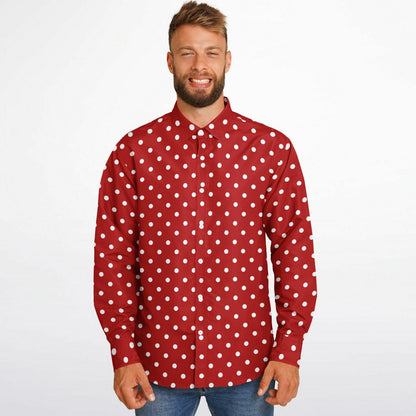 Red White Polka Dots Long Sleeve Men Button Up Shirt, Guys Male Print Buttoned Down Collared Graphic Casual Dress Plus Size Shirt