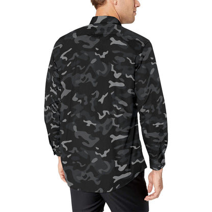 Black Camouflage Long Sleeve Men Button Up Shirt, Grey Camo Print Dress Buttoned Collared Casual Down Dress Male Guys Polyester Shirt