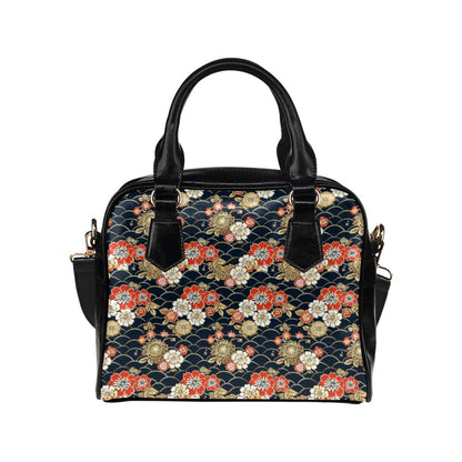 Japanese Floral Purse, Asian Flowers Retro Pattern Cute Small Shoulder Zip Bag Vegan Leather Women Designer Handbag Crossbody Ladies