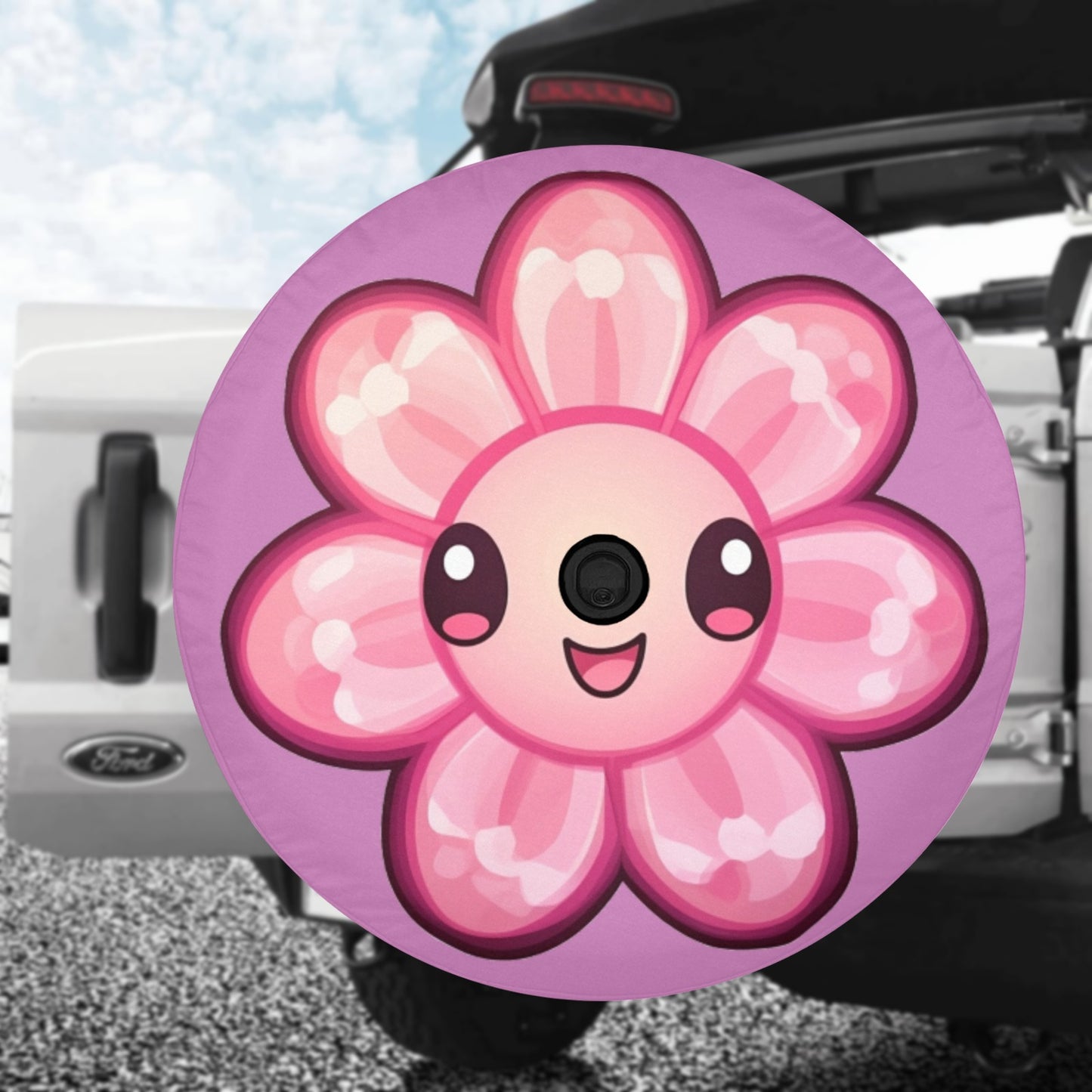 Happy Flower Spare Tire Cover, Pink Smiling Face Kawaii Floral Wheel Accessories Custom Unique Design Backup Camera Hole Trailer Back Women