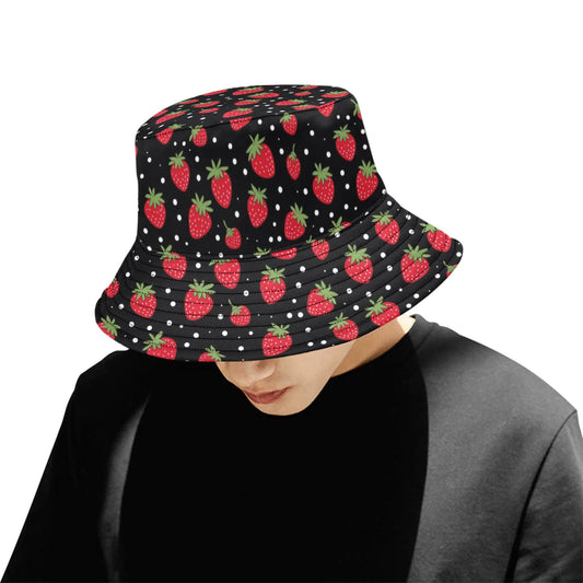 Strawberry Bucket Hat, Red Black Fruit Golf Cool Retro Vintage Summer Festival Cute Women Men Reversible Designer Beach Sun Shade Ladies