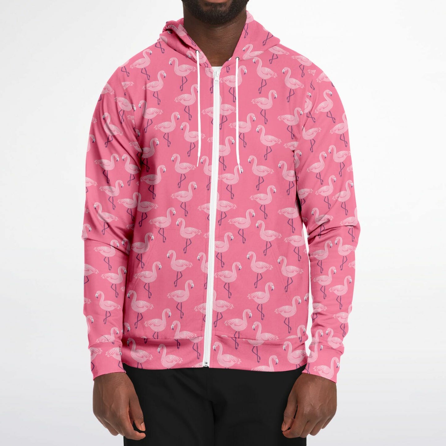 Pink Flamingo Zip Up Hoodie, Tropical Birds Full Zipper Pocket Men Women Unisex Adult Aesthetic Graphic Cotton Fleece Hooded Sweatshirt