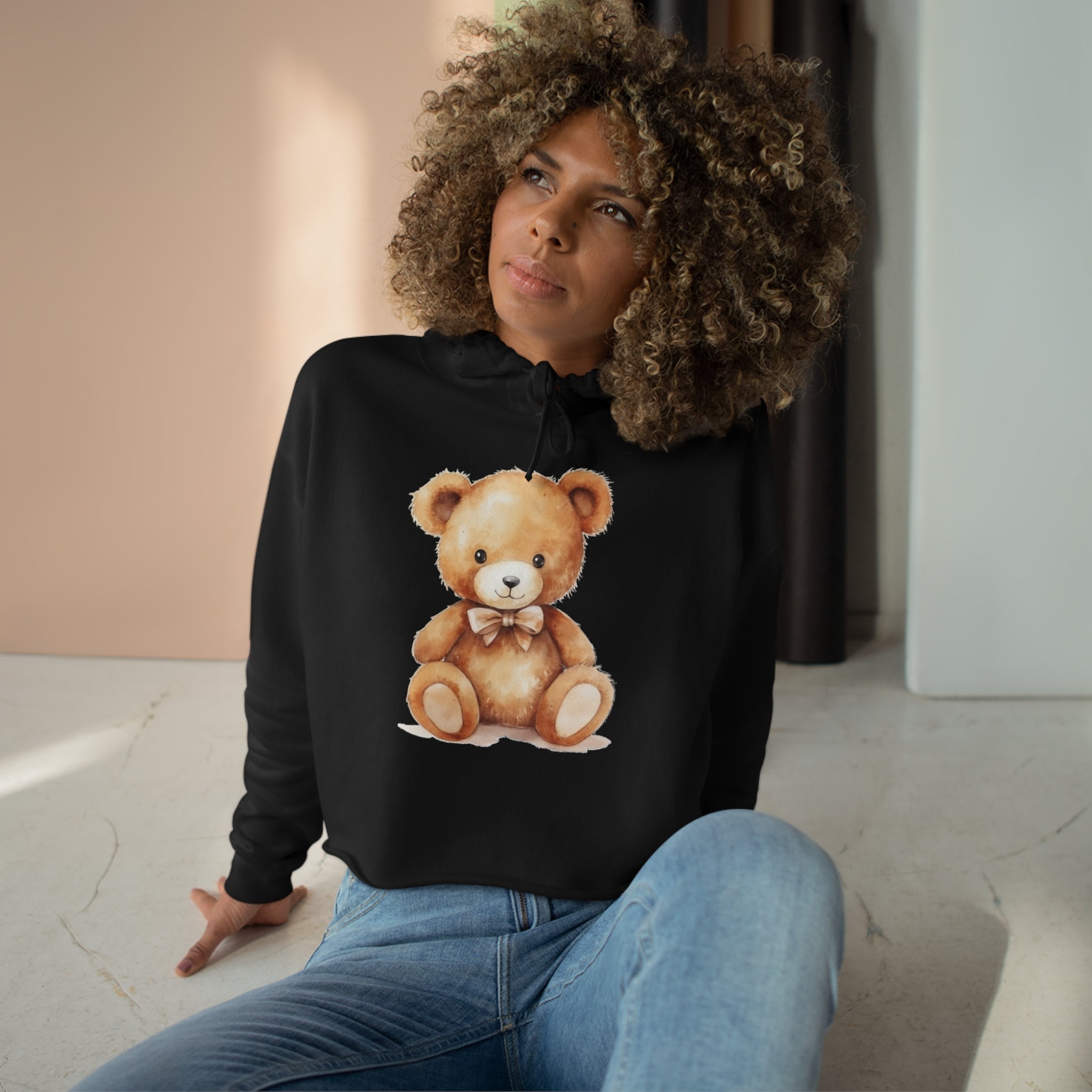 Teddy Bear Women Cropped Hoodie Ladies Aesthetic Graphic Hooded Pullover Sweatshirt Crop Top