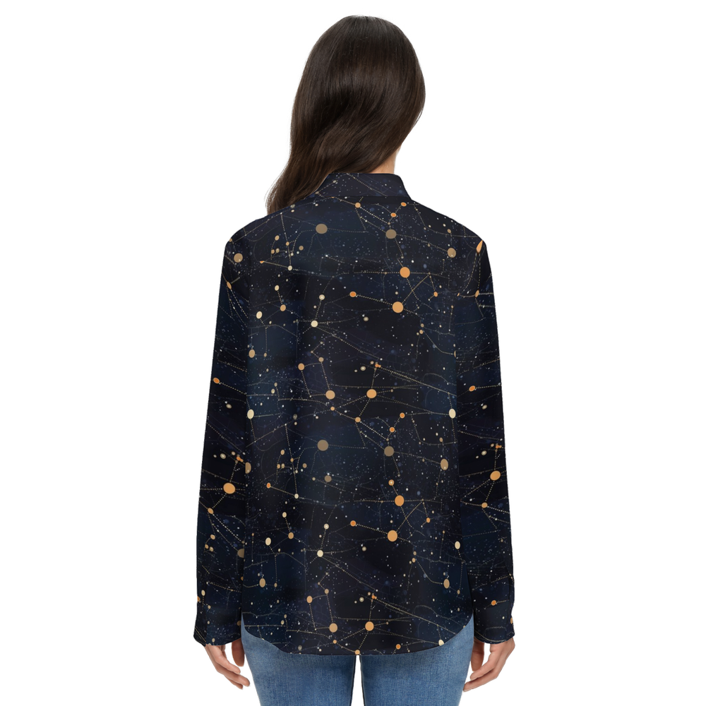 Constellation Space Long Sleeve Shirt Women, Galaxy Ladies Button Up Ladies Blouse Print Buttoned Down Collared Casual Dress Going Out Top