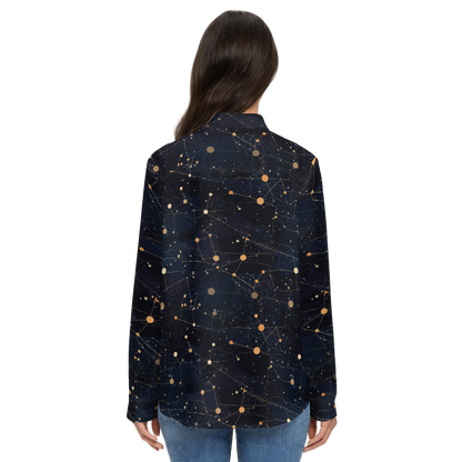 Constellation Space Long Sleeve Shirt Women, Galaxy Ladies Button Up Ladies Blouse Print Buttoned Down Collared Casual Dress Going Out Top