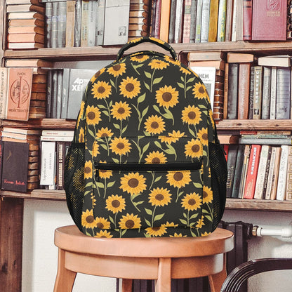 Sunflower Backpack, Yellow Black Floral Flowers Men Women Kids Gift School College Waterproof Side Pockets Laptop Designer Aesthetic Bag