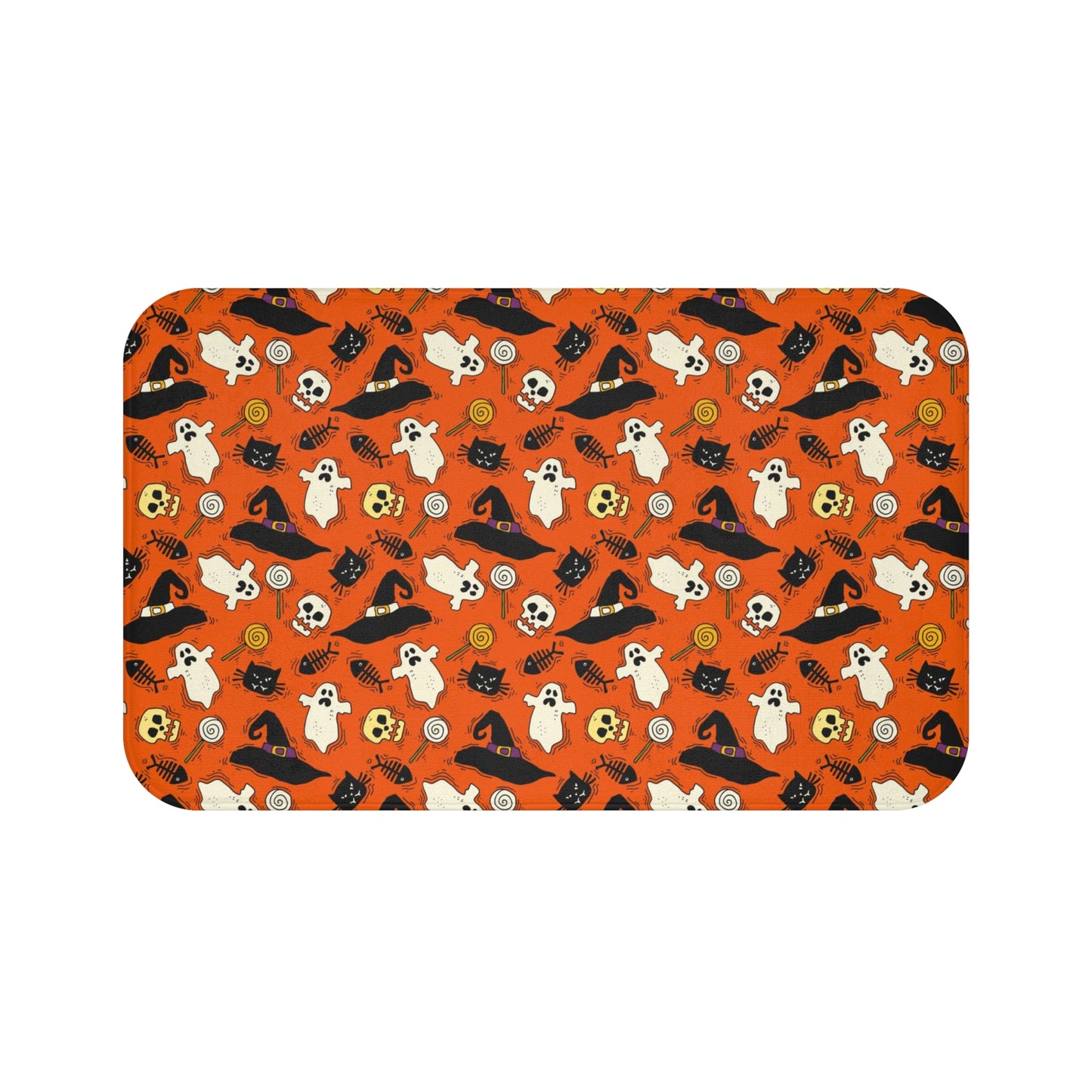 Halloween Bath Mat, Orange Black Cat Ghosts Skulls Shower Bathroom Decor Non Slip Floor Memory Foam Microfiber Large Small Washable Rug