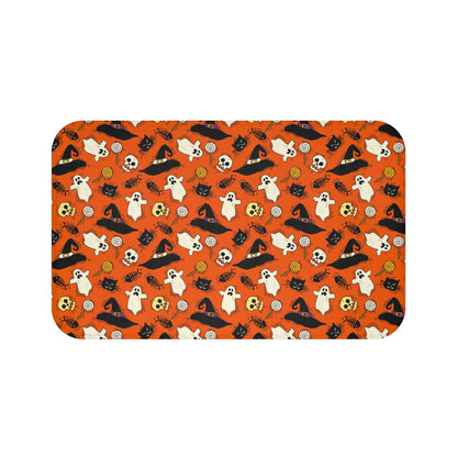 Halloween Bath Mat, Orange Black Cat Ghosts Skulls Shower Bathroom Decor Non Slip Floor Memory Foam Microfiber Large Small Washable Rug