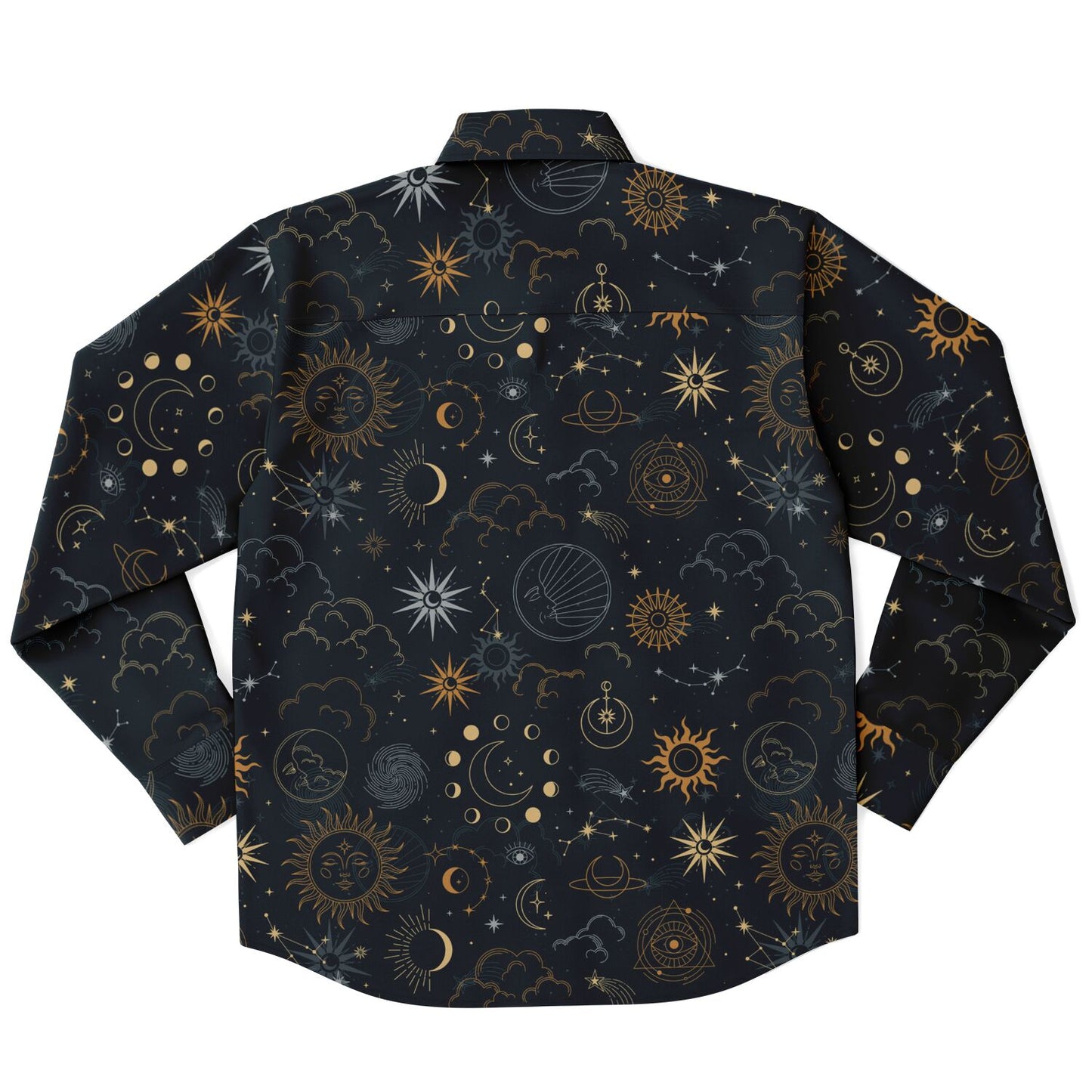 Stars Sun Moon Long Sleeve Men Button Up Shirt, Celestial Space Guys Male Print Buttoned Down Collared Graphic Casual Dress Shirt