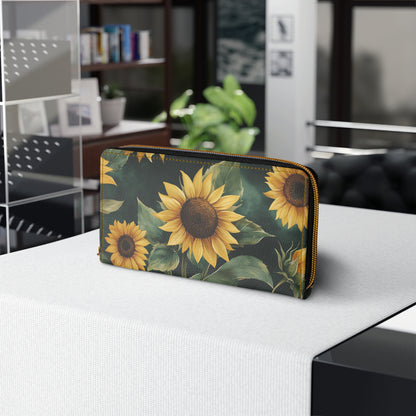 Sunflower Leather Wallet Women, Floral Flowers Vegan Zipper Zip Around Coins Credit Cards Pocket Cash Ladies Female Pouch Slim Clutch Purse