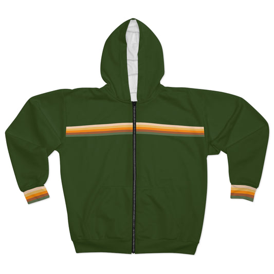 Green 70s Retro Stripe Full Zip Up Hoodie, Vintage 1970s Zipper Pocket Men Women Aesthetic Graphic Cotton Fleece Hooded Sweatshirt Starcove Fashion