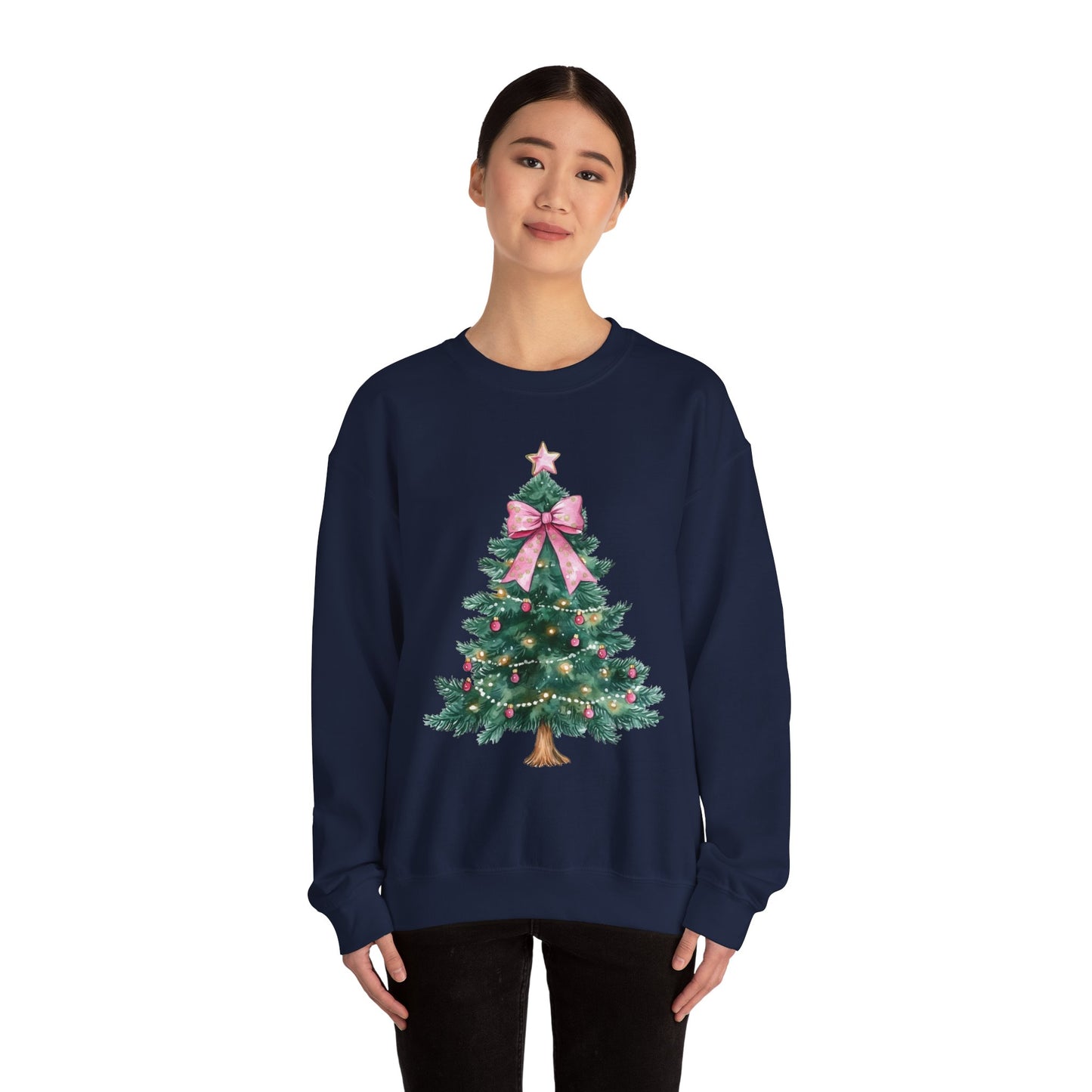 Christmas Tree Pink Bow Sweatshirt,  Coquette Cute Xmas Holiday Print Women Men Vintage Party Winter Holiday Outfit Plus Size Sweater