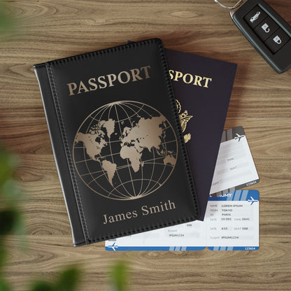 Personalized Passport Book Cover, World Map Vegan Leather Custom Name RFID Holder Printed Suitcase Men Male Women Ladies Luxury Travel Gift