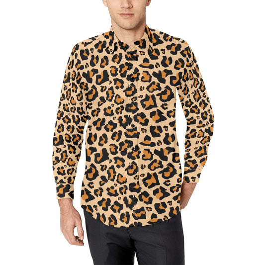 Leopard Men Button Up Shirt, Brown Long Sleeve Cheetah Animal Print Buttoned Down Collar Male Guys Casual Dress Shirt Chest Pocket