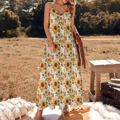 Sunflowers Floral Maxi Dress, Fall Leaves Autumn Long Flowers Spaghetti Straps Women Sleeveless Casual Designer Elegant Plus Size Cocktail