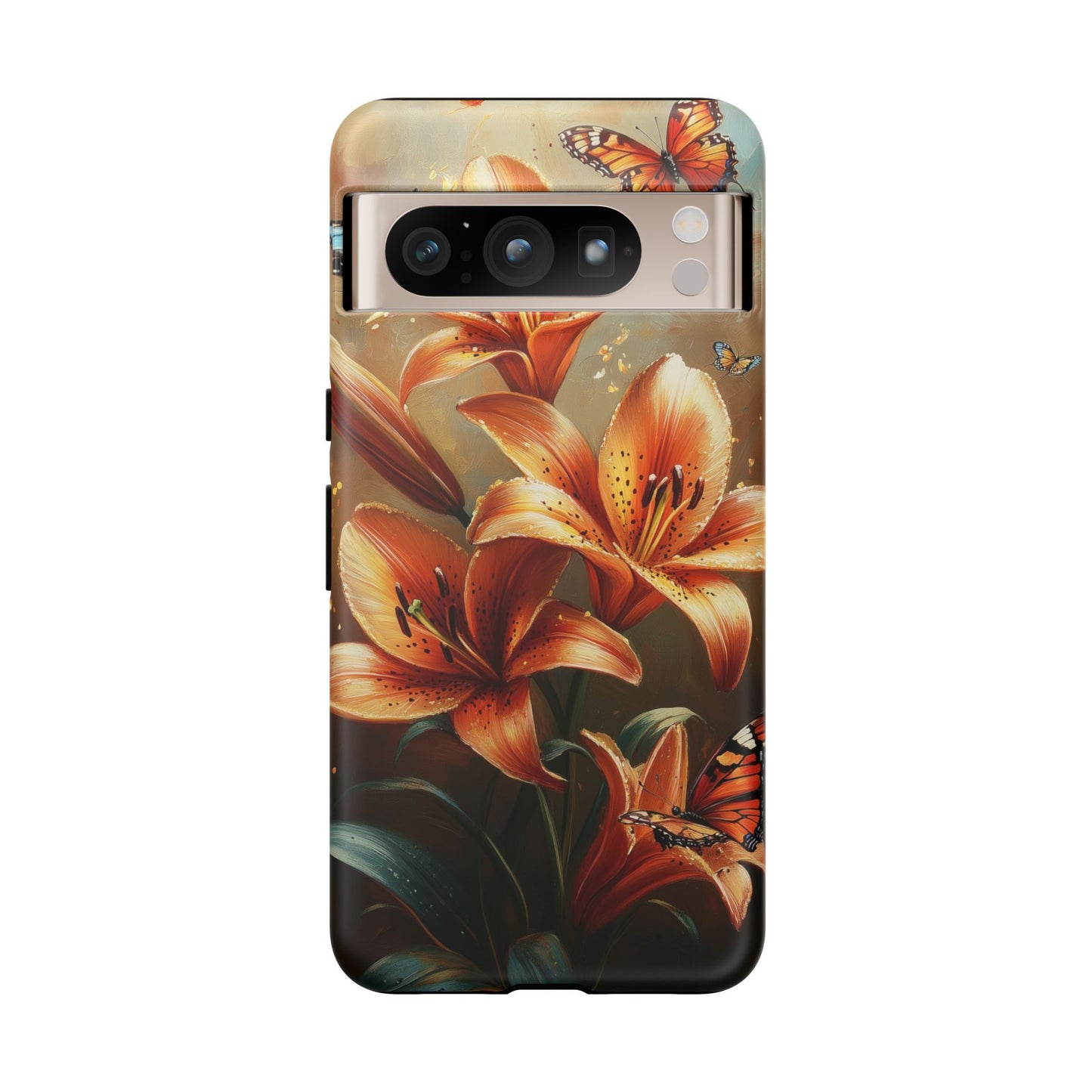 Cute Tiger Lily Tough Phone Case, Flowers Floral Butterfly iPhone 16 15 14 13 Pro Max 12 11 8 Plus X XR XS Galaxy S24 S23 S22 S21 Pixel