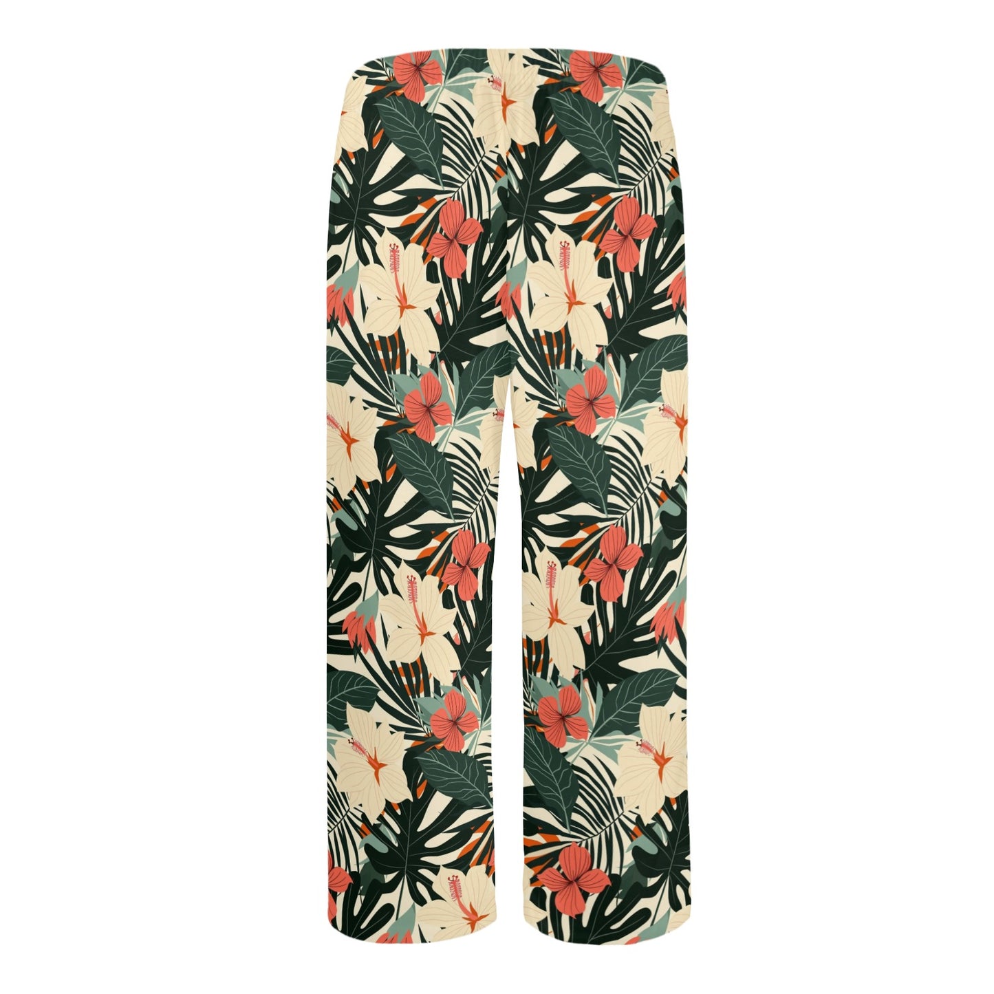 Tropical Leaf Men Pajamas Pants, Retro Floral Flowers Vacation Pattern Satin PJ Pockets Sleep Trousers Matching Trousers Bottoms Sleepwear