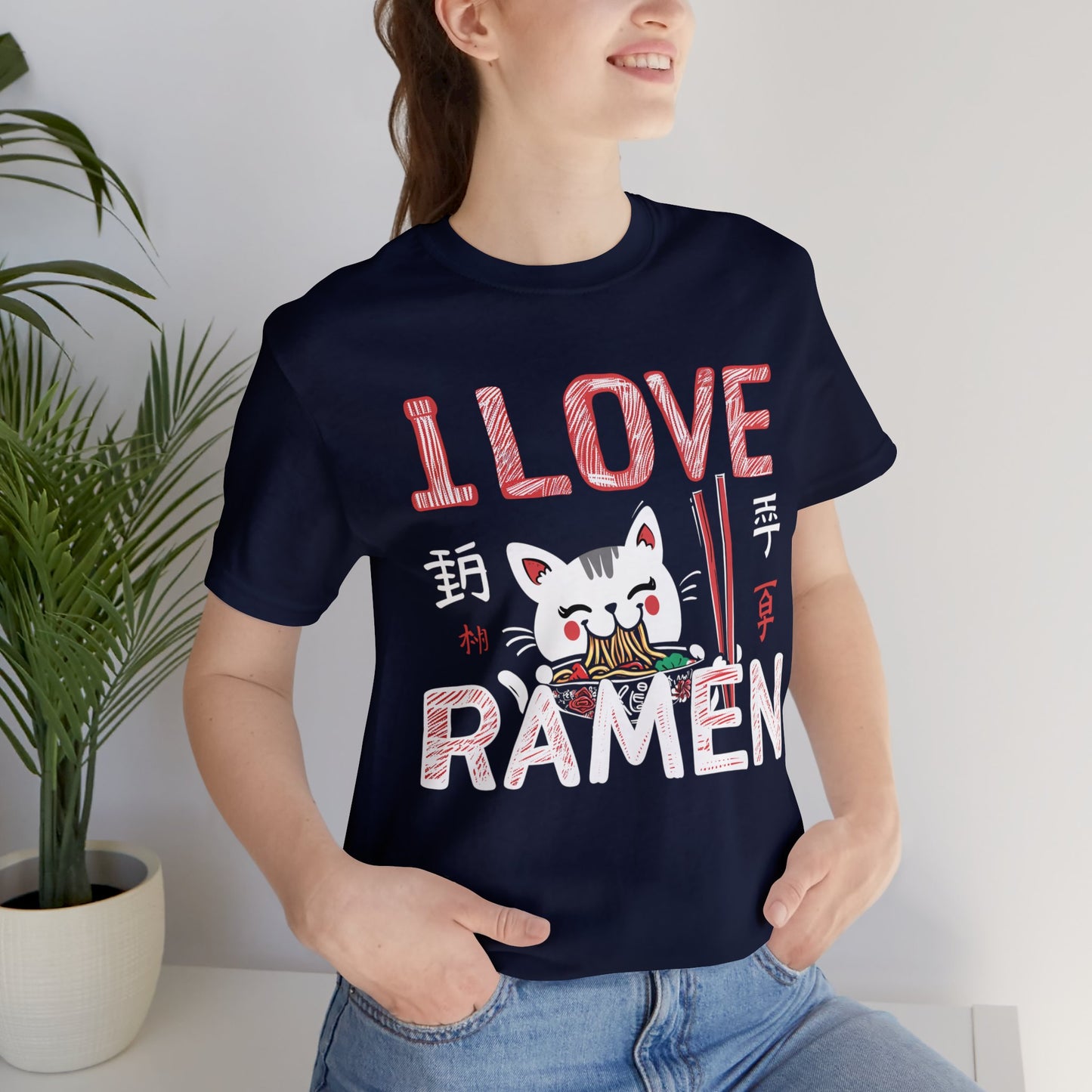 I love Ramen Tshirt, Cat Cup Noodles Eating Food Anime Designer Graphic Aesthetic Crewneck Men Women Tee Top Short Sleeve Shirt