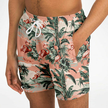 Pink Flamingo Men Swim Trunks, Green Palm Tree Shorts Beach Surf Swimwear Male Back Pockets Mesh Lining Drawstring Bathing Suit Board