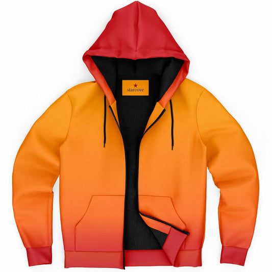 Orange Red Ombre Zip Up Fleece Lined Hoodie, Tie Dye Gradient Black Heavyweight Full Zipper Pocket Men Women Unisex Hooded Sweatshirt Jacket