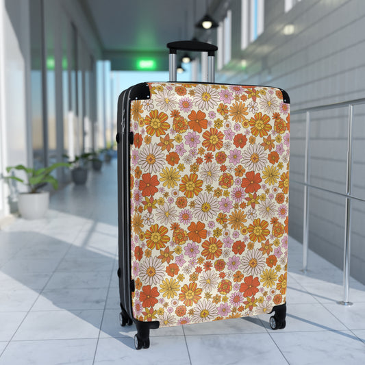 Retro Floral Suitcase Luggage, Vintage Flowers 70s Carry On 4 Wheels Cabin Travel Small Large Set Rolling Spinner Designer Hard Shell Case