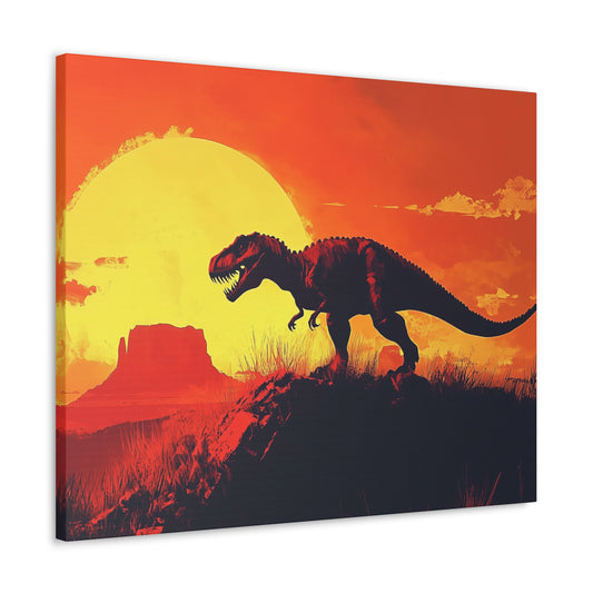 Dinosaur Canvas Gallery Wrap, Dino Trex Sunset Sun Scene Watercolor Wall Art Print Decor Small Large Hanging Landscape Living Room