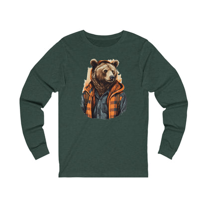 Bear Lumberjack Long Sleeve Tshirt, Fall Orange Plaid Unisex Men Women Designer Graphic Aesthetic Printed Crew Neck Tee Starcove Fashion