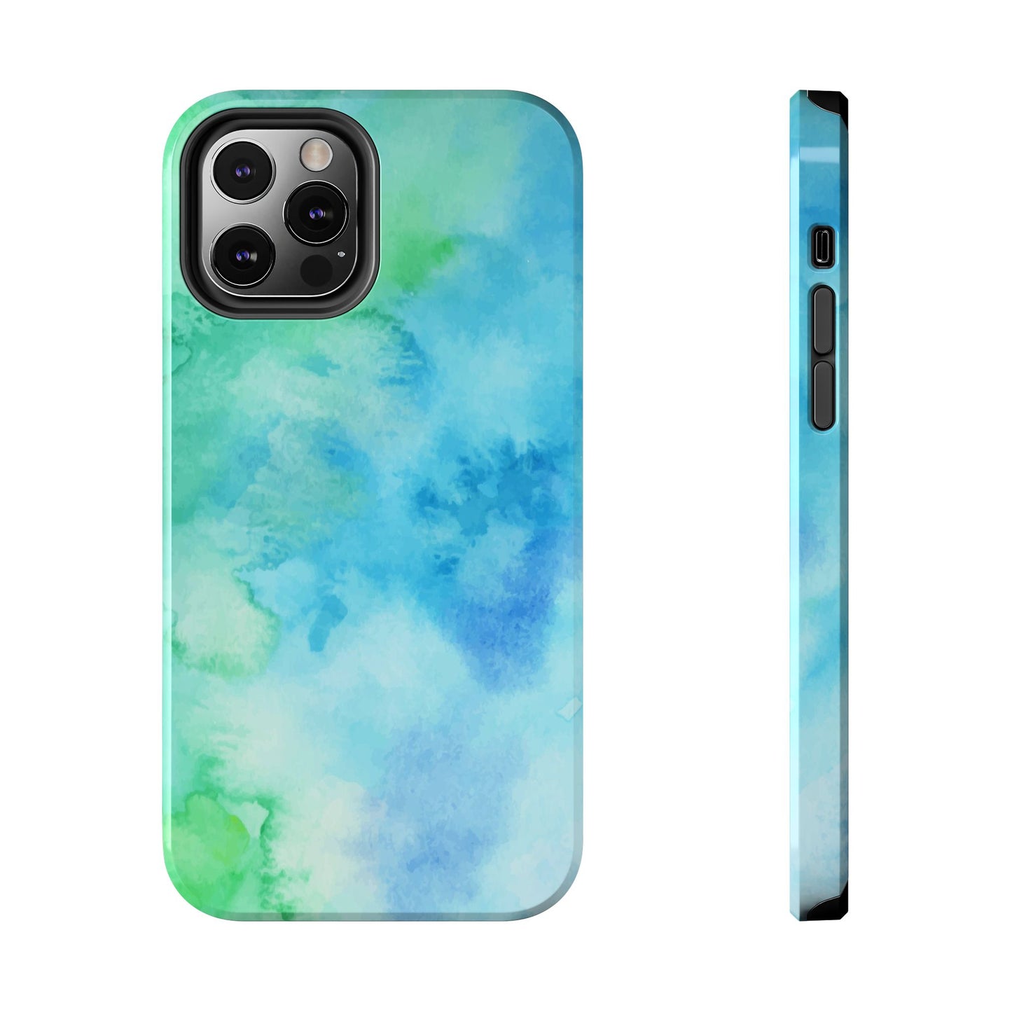 Blue Green Watercolor Tough Phone Case, Tie Dye Colorful Print Cute Cell Iphone 15 14 13 Pro Max 12 11 XS XR X 7 SE 8 Galaxy S24 S23 S22