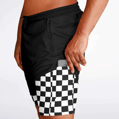 Black Men Lined Shorts 7 Inch, Checkerboard Compression Liner 2 in 1 Running Gym Workout Athletic Sports Breathable Mesh Zip Pockets Drawstring Starcove Fashion