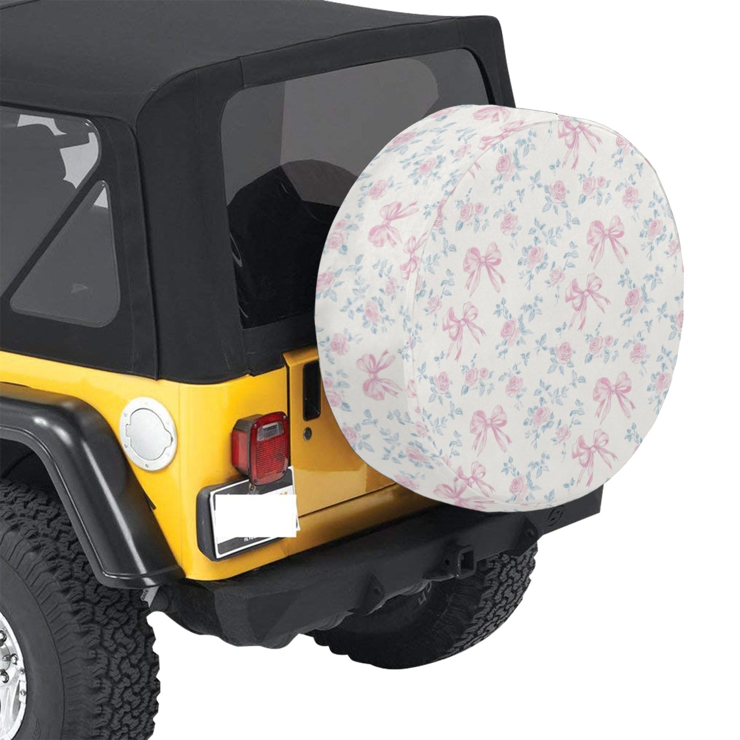 Pink Rose Bows Spare Tire Cover, Floral Flowers Ribbons Pastel White Wheel Accessories Unique Design Backup Camera Hole Trailer Back Women